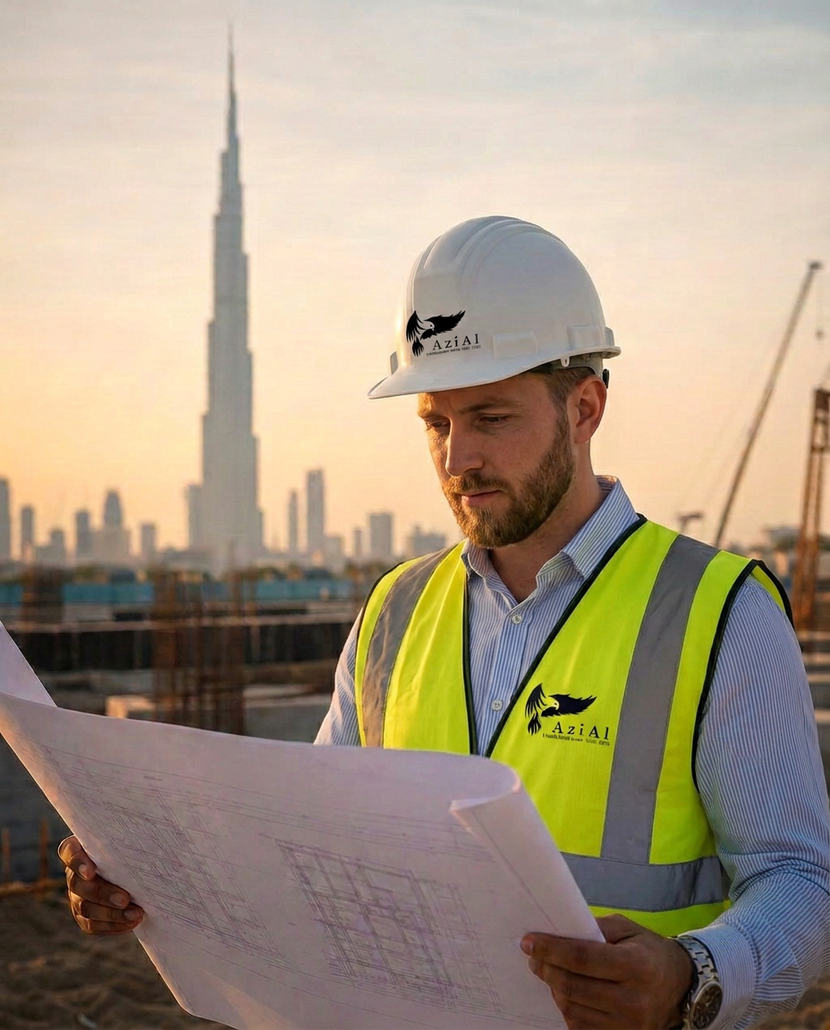 AZIAL project manager in hard hat and branded safety vest reading construction drawings on a Dubai site