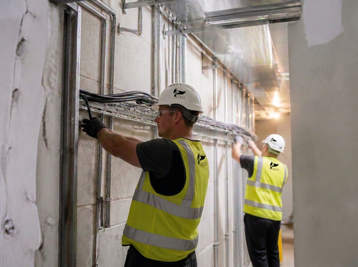 Two AZIAL electricians in branded hi-vis vests pulling cables through cable tray containment in a residential corridor