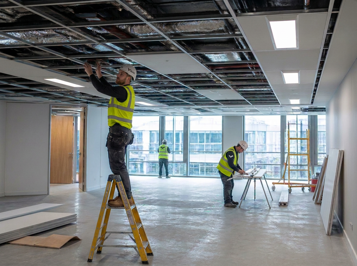 AZIAL fit-out crew in branded hi-vis vests installing ceiling grid and lighting on an office floor under construction